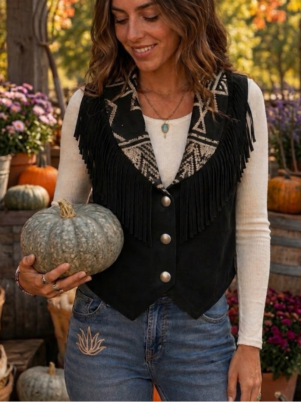 Vintage New Identity Suede Leather Fringe Vest Southwestern Western Cowgirl L